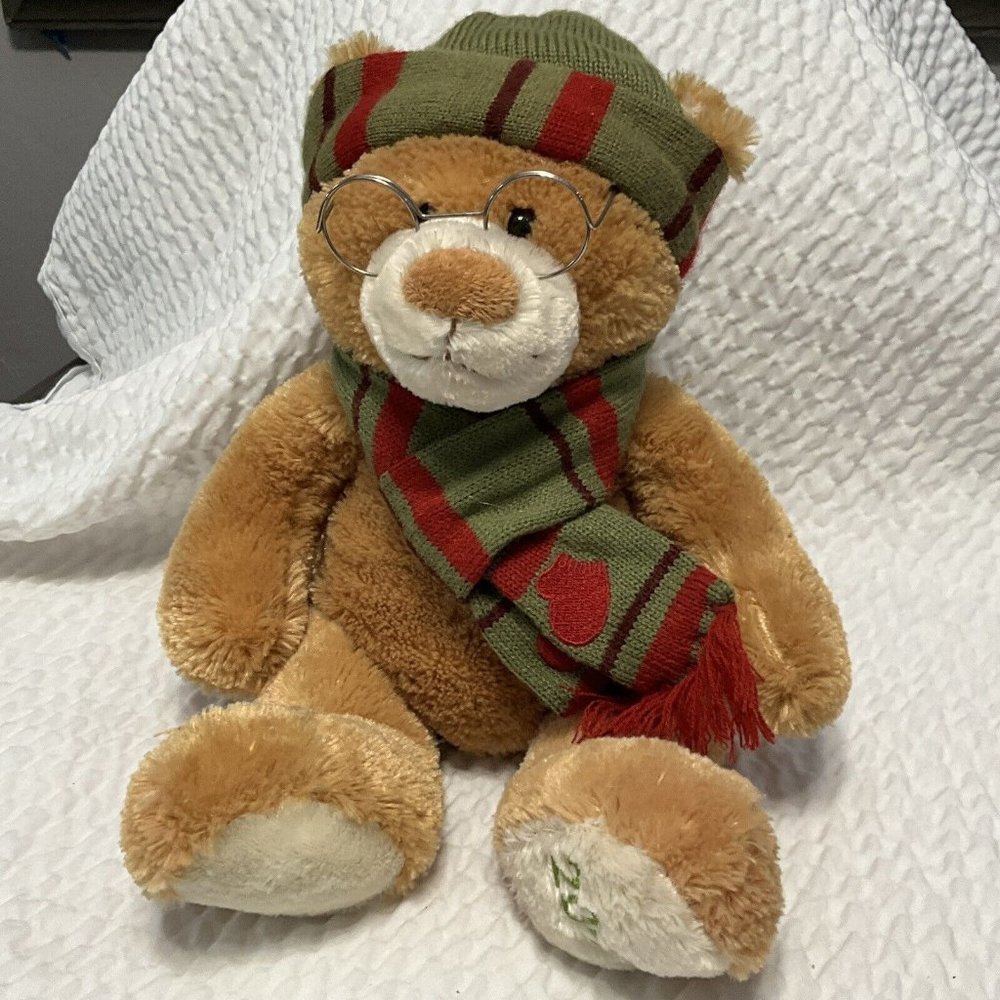 Brown Teddy Bear Glasses Hat Holiday Scarf Mary Meyer 2007 Plush 15" Toy 